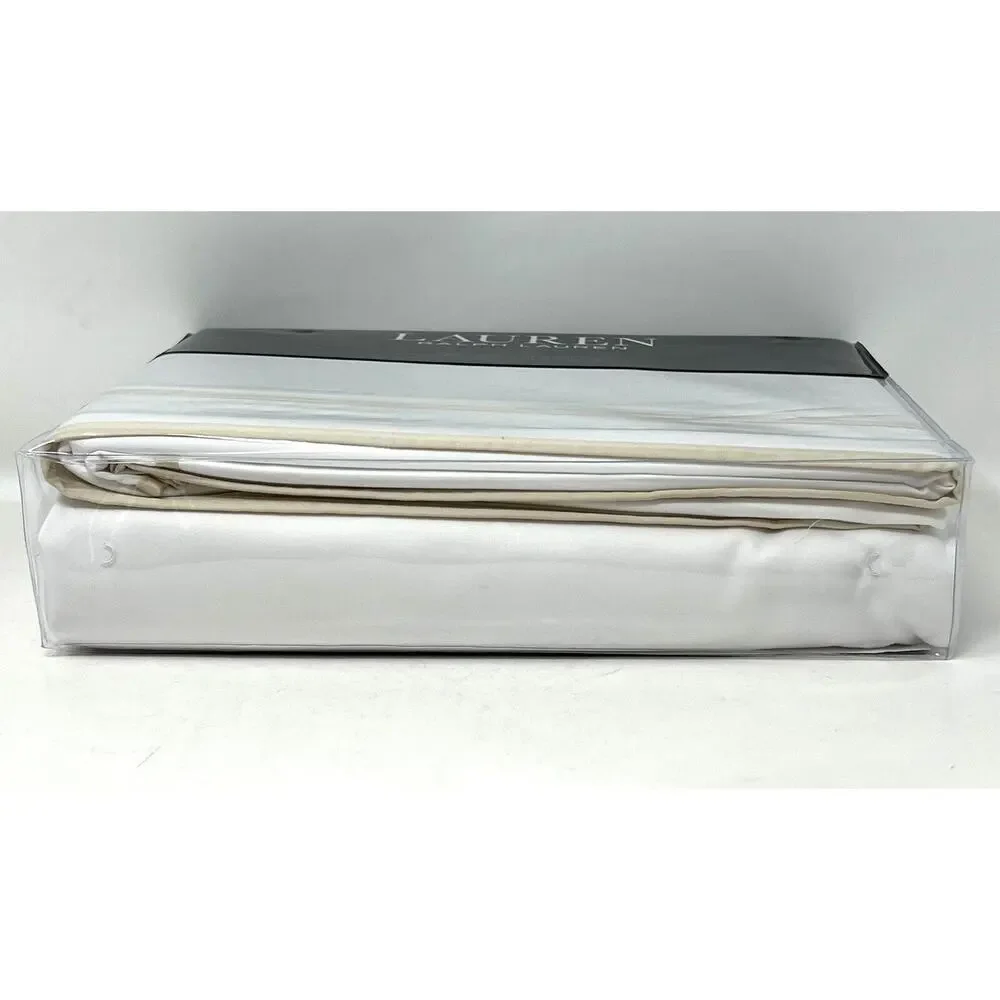 Ralph Lauren Spencer Border Sateen Full Queen Duvet Cover FLAX Tan White NWT New